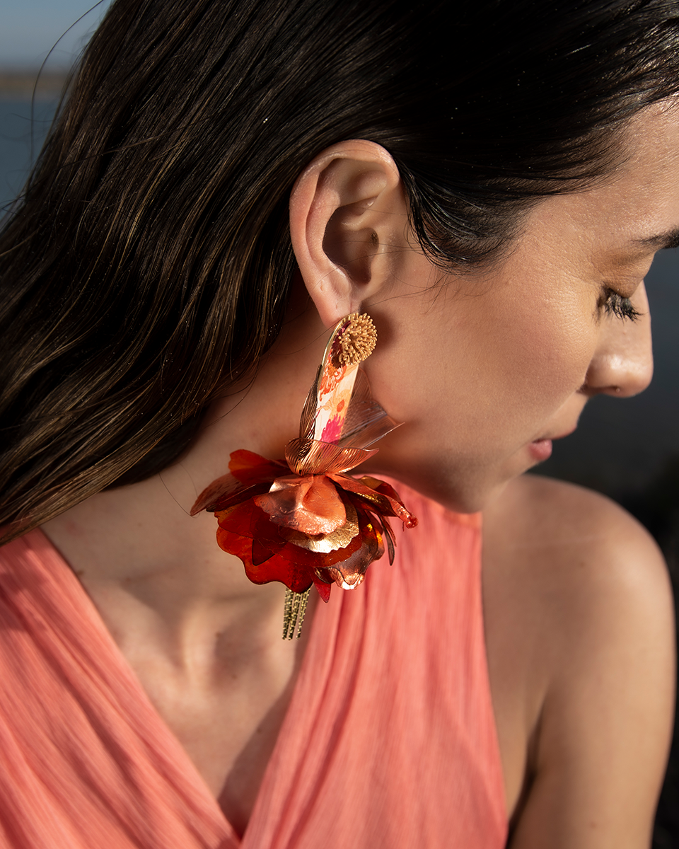 Gold Leaf, Steel & Enamel Earrings | Golden Orchid Nuna