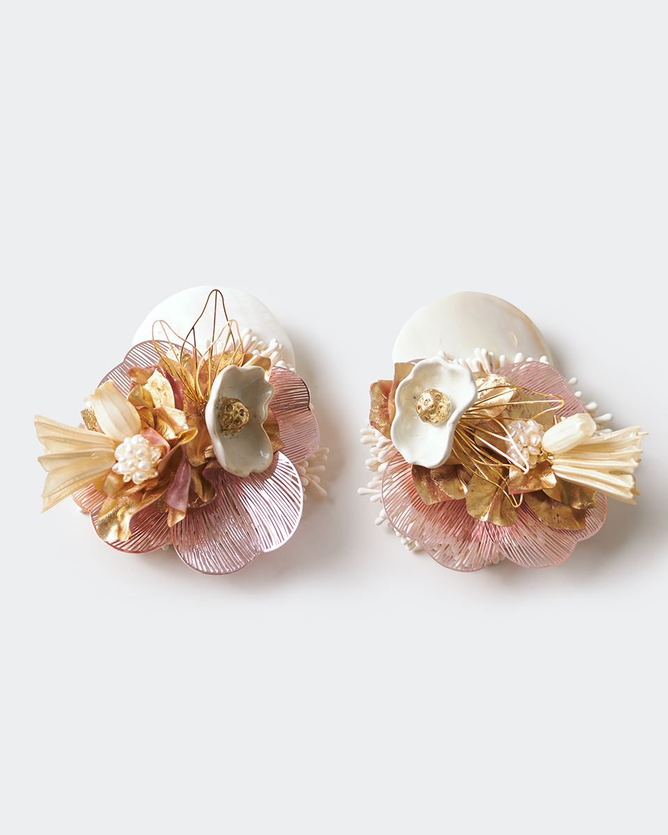 Mother of Pearl, Gold Plated & Flowers Earrings | Lakshmi Nuna