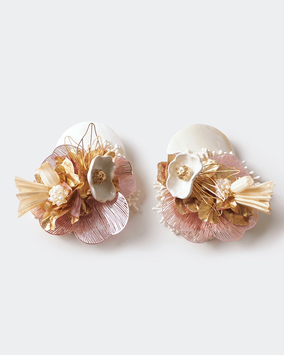 Mother of Pearl, Gold Plated & Flowers Earrings | Lakshmi Nuna - NUNA - QORI